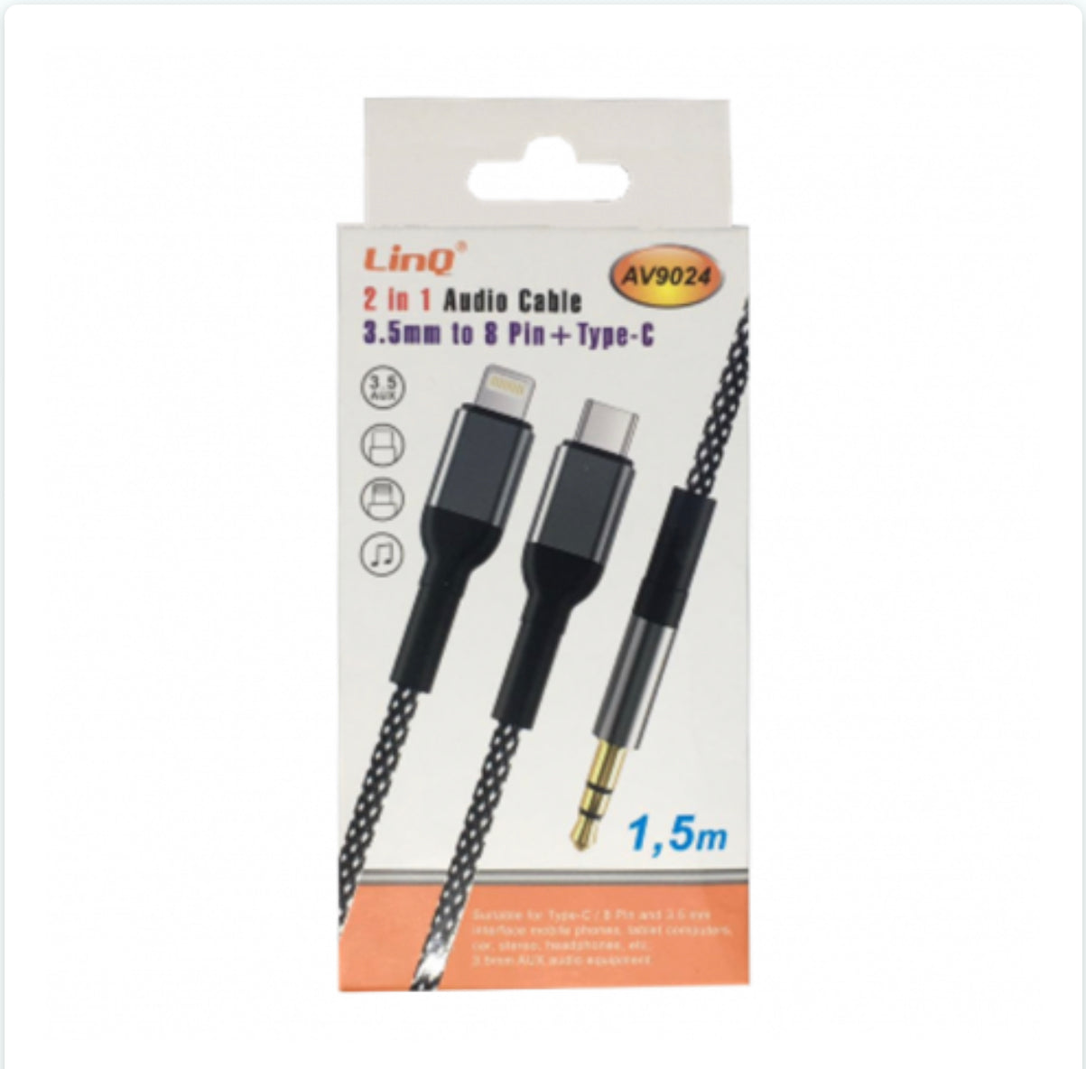 Câble Audio 2 En 1 Jack 3.5mm Mâle / Lightning Mâle et Type-C Nylon Tressé 1.5m LinQ AV9024