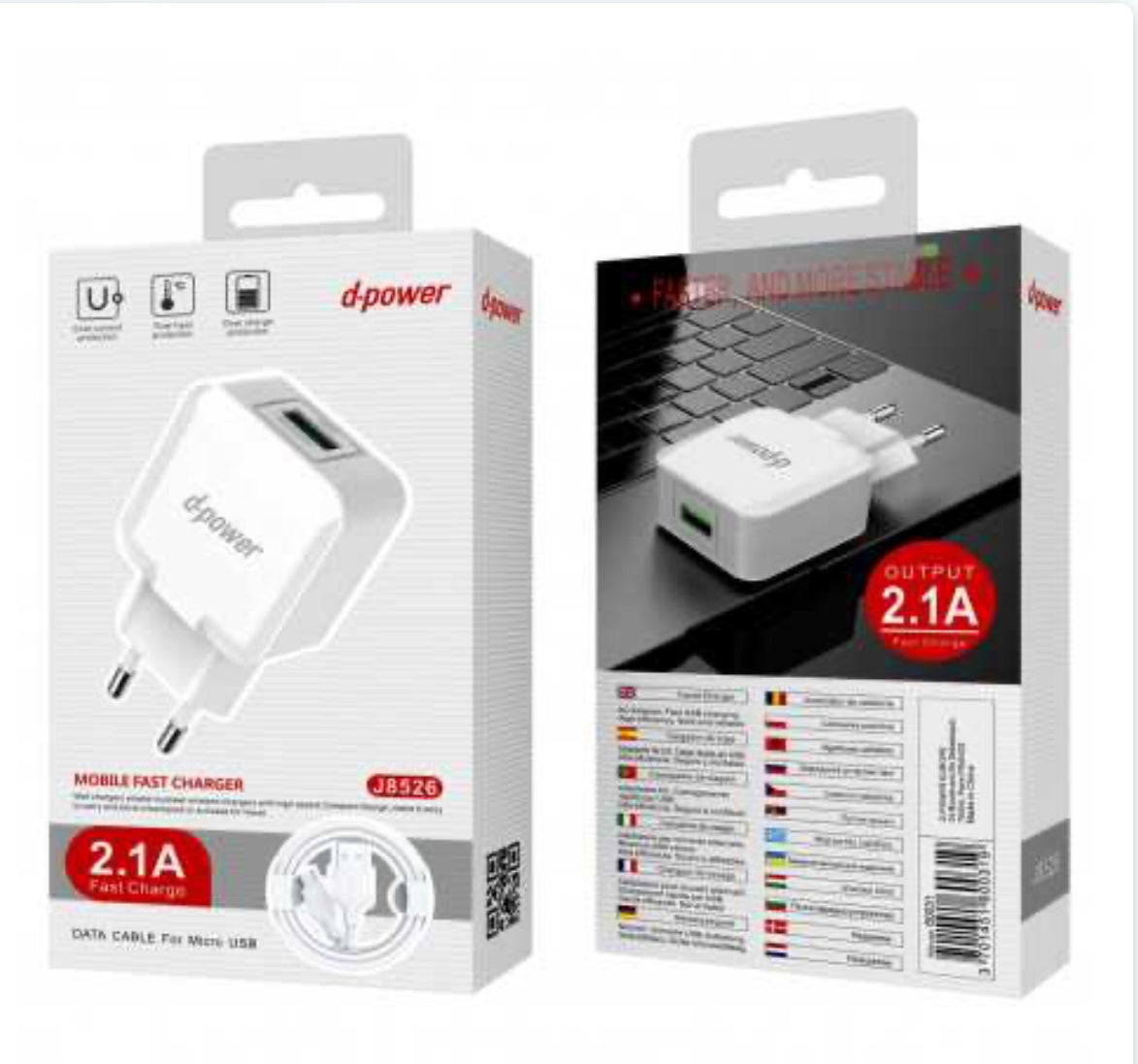 Kit Chargeur Micro USB 2.1A - D-power J8526 - Blanc