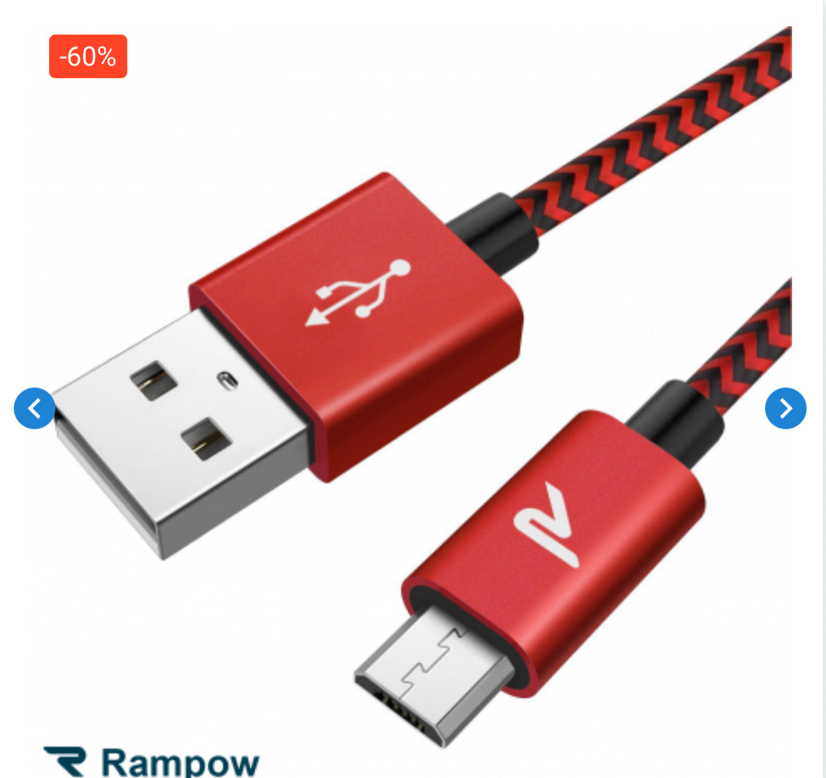 Câble USB / Micro Nylon Tressé RAMPOW RAA10 Rouge/Noir - 2M