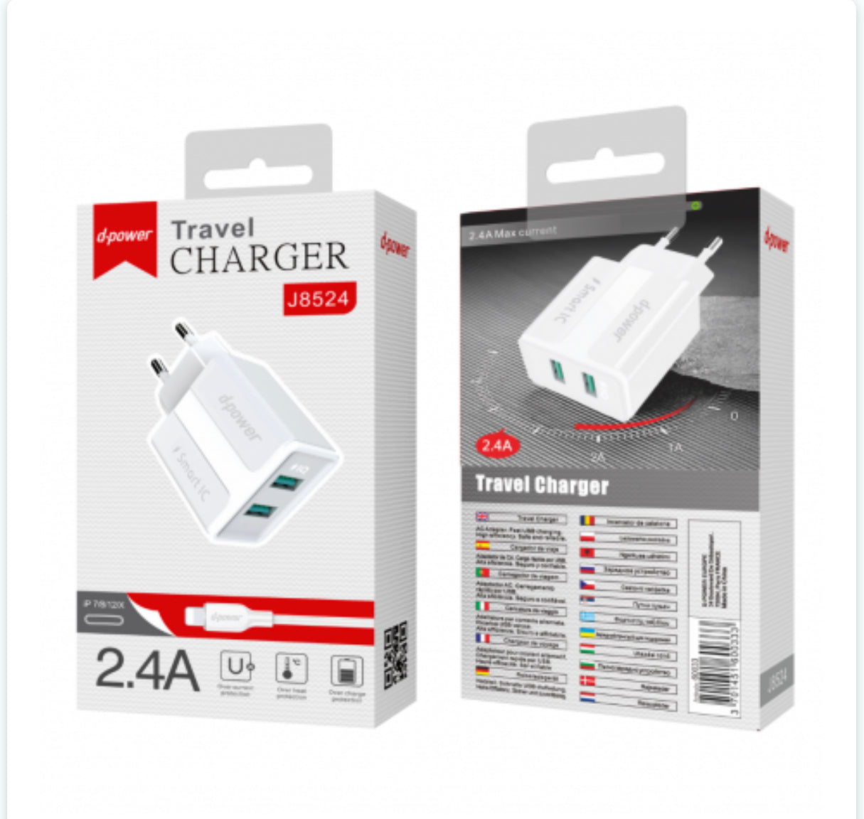 Kit Chargeur de Voyage 2USB / Lightning - D-power J8524 - Blanc