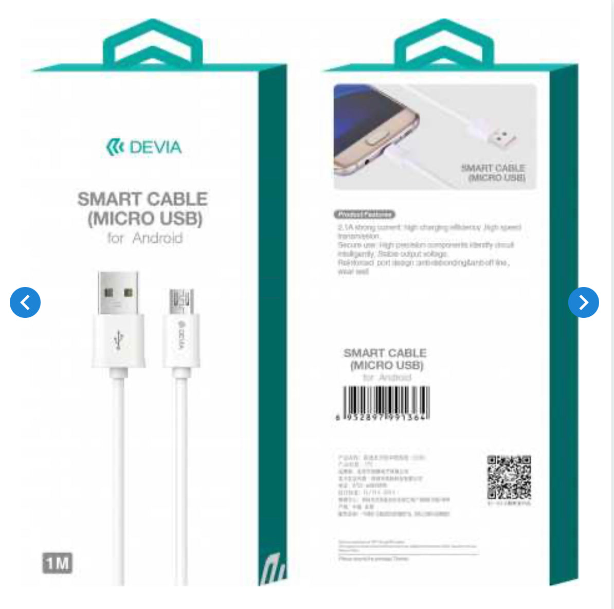 Câble USB / Micro - Devia Smart Series - 5V 2.1A 1M - Blanc