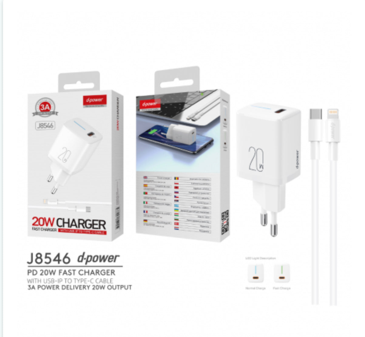 Kit Chargeur Type-C / Lightning 20W PD - D-power J8546 - Blanc