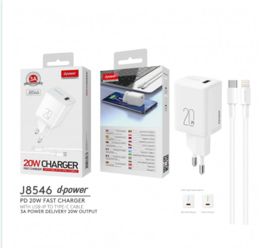 Kit Chargeur Type-C / Lightning 20W PD - D-power J8546 - Blanc