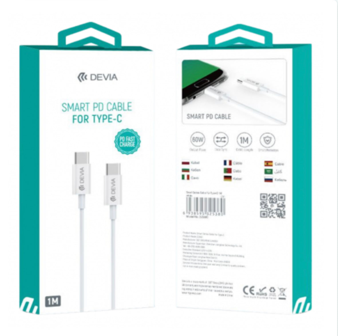 Câble Type C / Type C Nylon Tressé 3A 60W 1M Devia Smart Series - Blanc