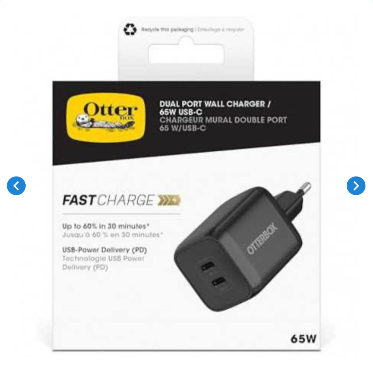 Adaptateur Secteur OtterBox Standard EU USB-C PD Chargeur Mural Avec 2 Ports 65W - Noir