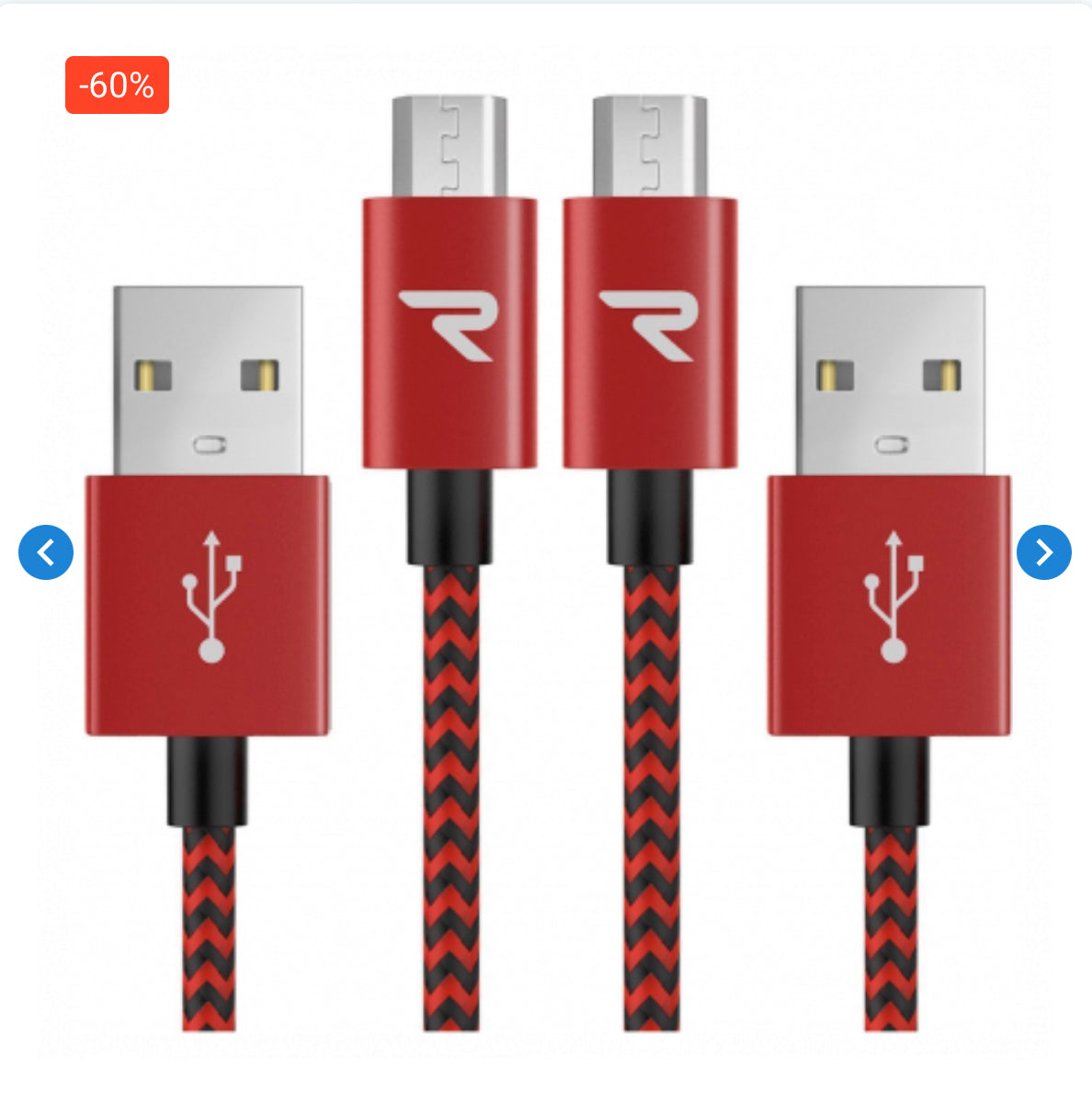 Câble USB / Micro Nylon Tressé RAMPOW RAA24 Rouge/Noir - 20cm - Pack de 2