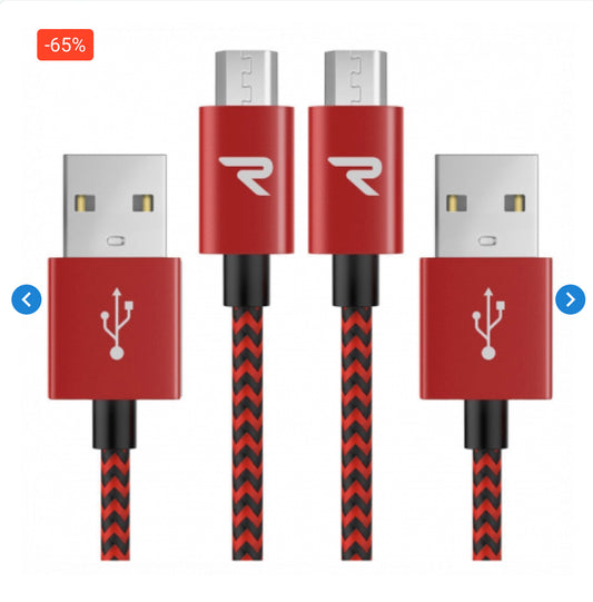 Câble USB / Micro Nylon Tressé RAMPOW RAA22 Rouge/Noir - 3m - Pack de 2