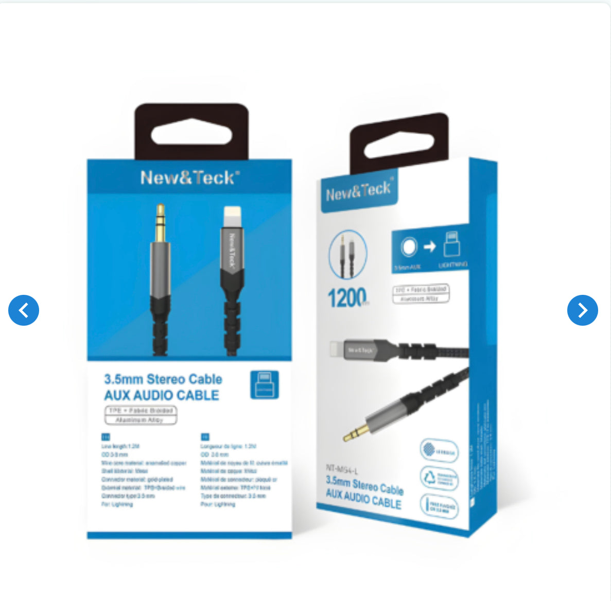 Câble Audio Jack 3,5mm Mâle / Lightning 3.5mm Mâle Nylon Tressé 1.2m New&Teck NT-M54-L