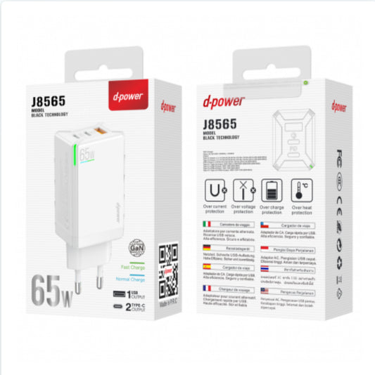 Adaptateur Secteur 65W 3 Ports 1USB + 2 Type-C - D-power J8565 - Blanc