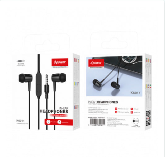 Ecouteurs Kit Main Libre Jack 3.5mm - D-power K6011 - Noir