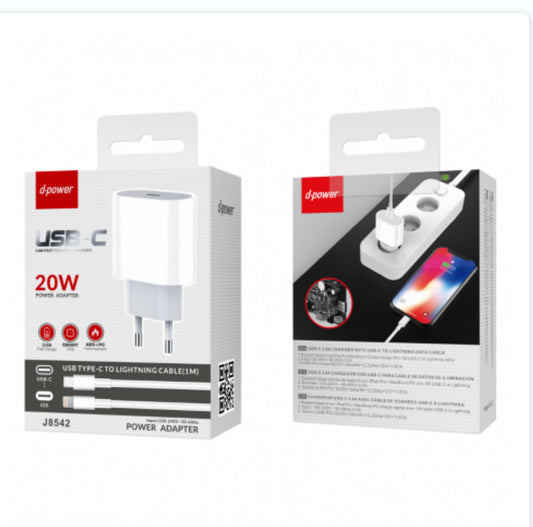 Kit Chargeur Type-C / Lightning 20W PD - D-power J8542 - Blanc