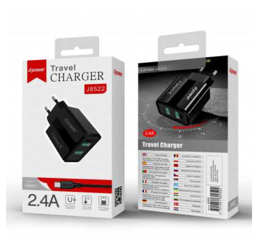 Kit Chargeur de Voyage 2USB / Type-C - D-power J8522 - Noir