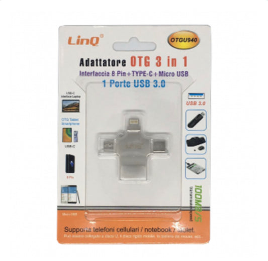 Adaptateur USB 3 en 1 Micro/Lightning/USB-C LinQ OTGU940