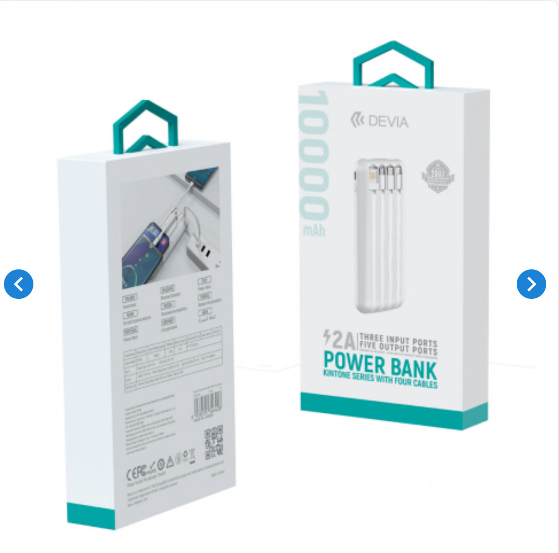 Power Bank avec 4 Câbles Intégrés 10000 mAh - Devia Kintone Series - Blanc