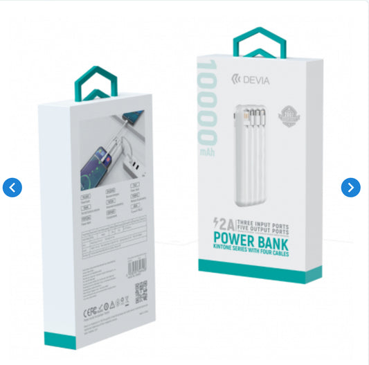 Power Bank avec 4 Câbles Intégrés 10000 mAh - Devia Kintone Series - Blanc