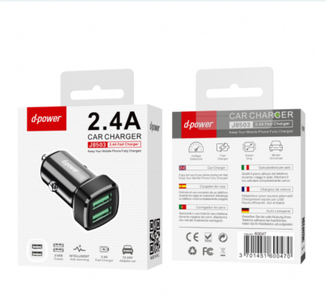 Chargeur Allume-Cigare 2 Ports USB - D-power J8503 - Noir