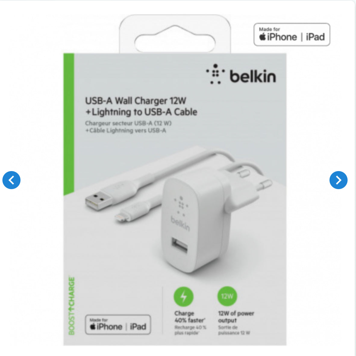 Kit Chargeur Lightning / USB BELKIN Boost Charge 12W(MFi)