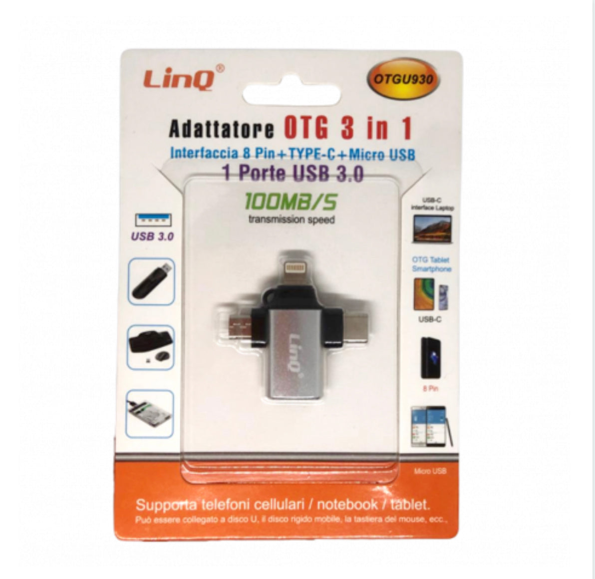 Adaptateur USB 3 en 1 Micro/Lightning/USB-C LinQ OTGU930