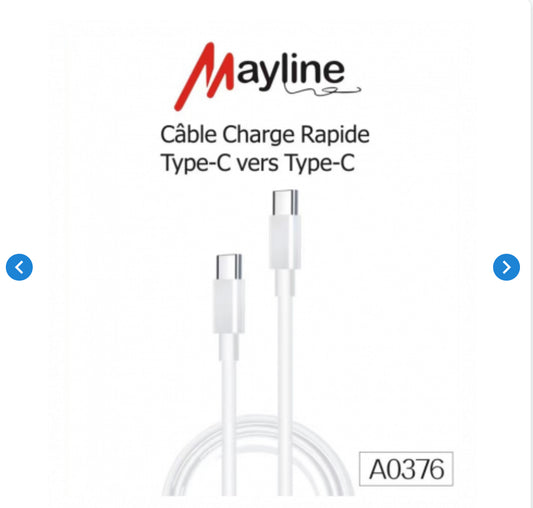 Câble Type-C / Type-C (USB-C) Compatible avec iPhone et Samsung - 1m (Mayline)