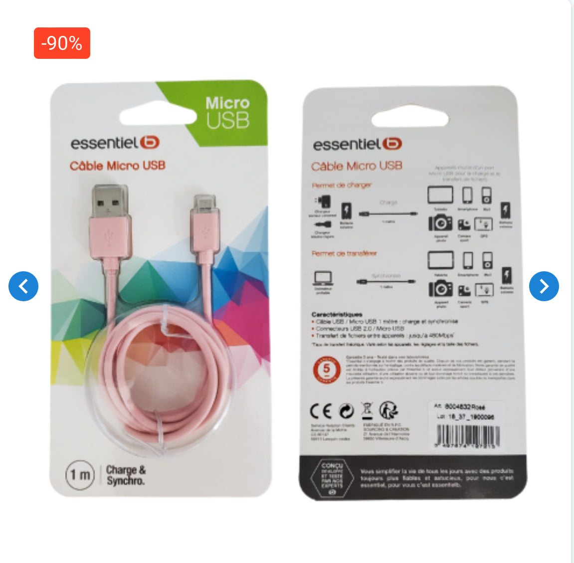 Câble USB / Micro ESSENTIELB 1M Rose Poudré