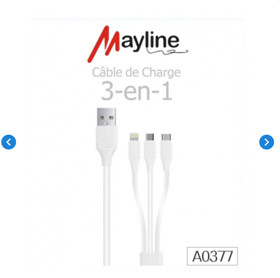 Câble USB / Lightning + Type-C + Micro - 3 en 1 - 1m (Mayline)