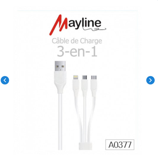 Câble USB / Lightning + Type-C + Micro - 3 en 1 - 1m (Mayline)