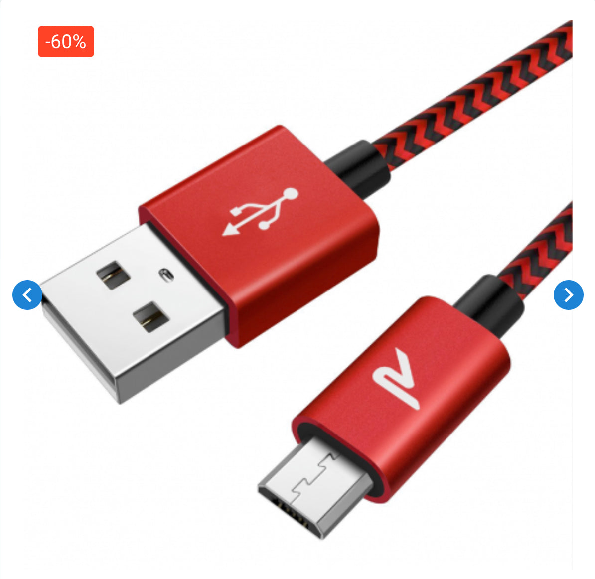 Câble USB / Micro Nylon Tressé RAMPOW RAA15 Rouge/Noir - 20cm