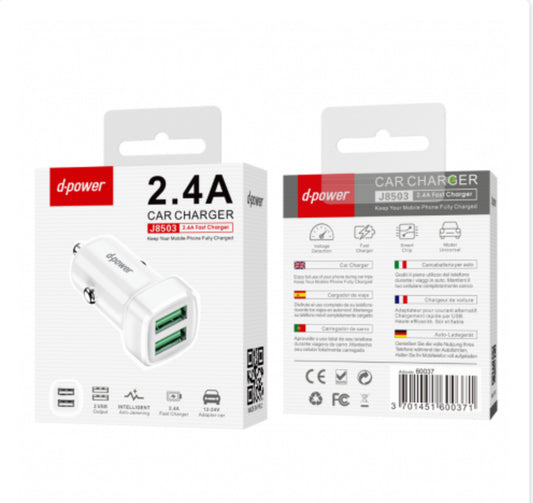 Chargeur Allume-Cigare 2 Ports USB - D-power J8503 - Blanc