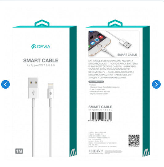 Câble USB / Lightning - Devia Smart Series - 5V 2.1A 1M - Blanc