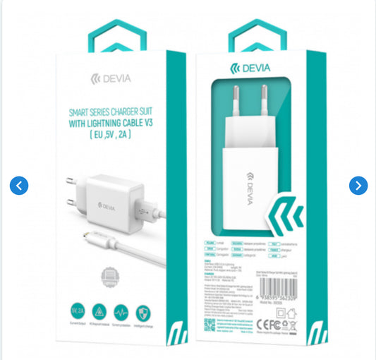 Kit Chargeur USB / lightning V3 - Devia Smart Series - EU 2A 5V 1USB - Blanc