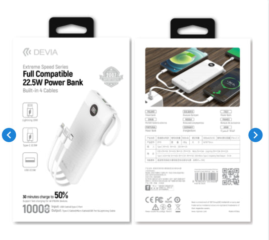 Power Bank 4 Câbles (USB + Lightning + Micro + USB-C) 10000mAh 22.5W - DEVIA EP113 - Blanc