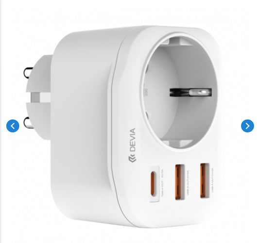 Adaptateur Secteur avec 3 Ports 2 USB-A + 1 USB-C avec Prise intégrée - Devia Smart Series - Blanc