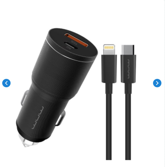 Chargeur Allume-Cigare 18W USB + 20W USB-C avec Câble Lightning (WUW)