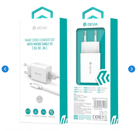 Kit Chargeur USB / Micro V3 - Devia Smart Series - EU 2A 5V - Blanc