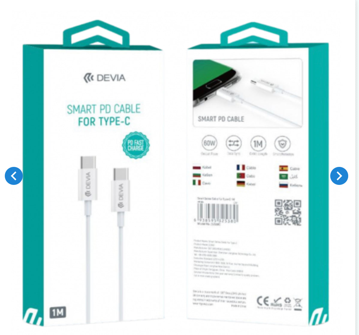 Câble Type C / Type C - Devia Smart Series - 20V 3A 60W 1.2M - Blanc