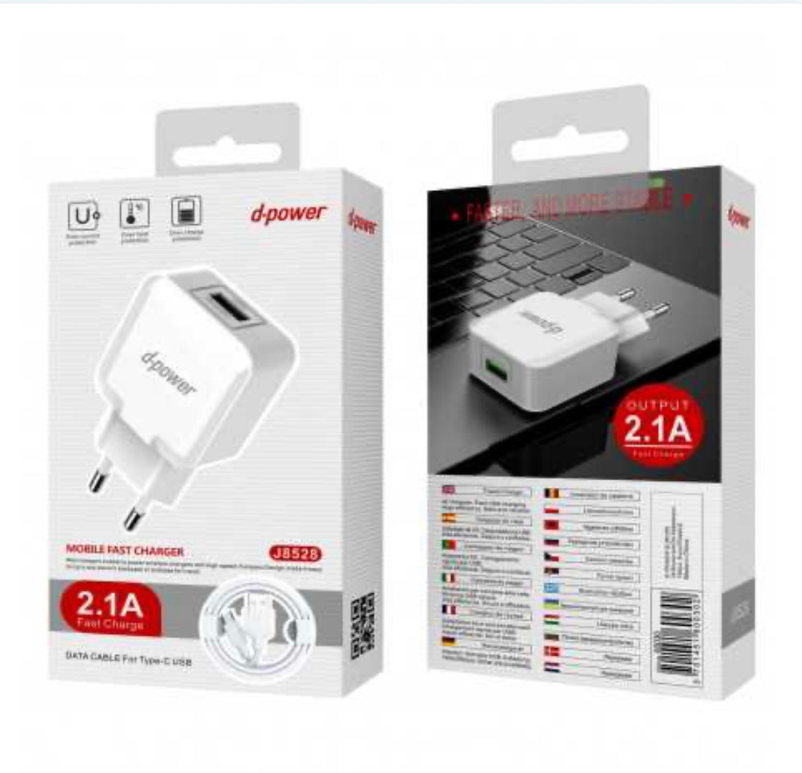 Kit Chargeur USB / Type C 2.1A - D-power J8528 - Blanc