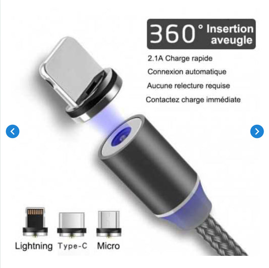 Câble 3 en 1 Magnétique Tressé USB Lightning/Micro/Type-C (Compatible)