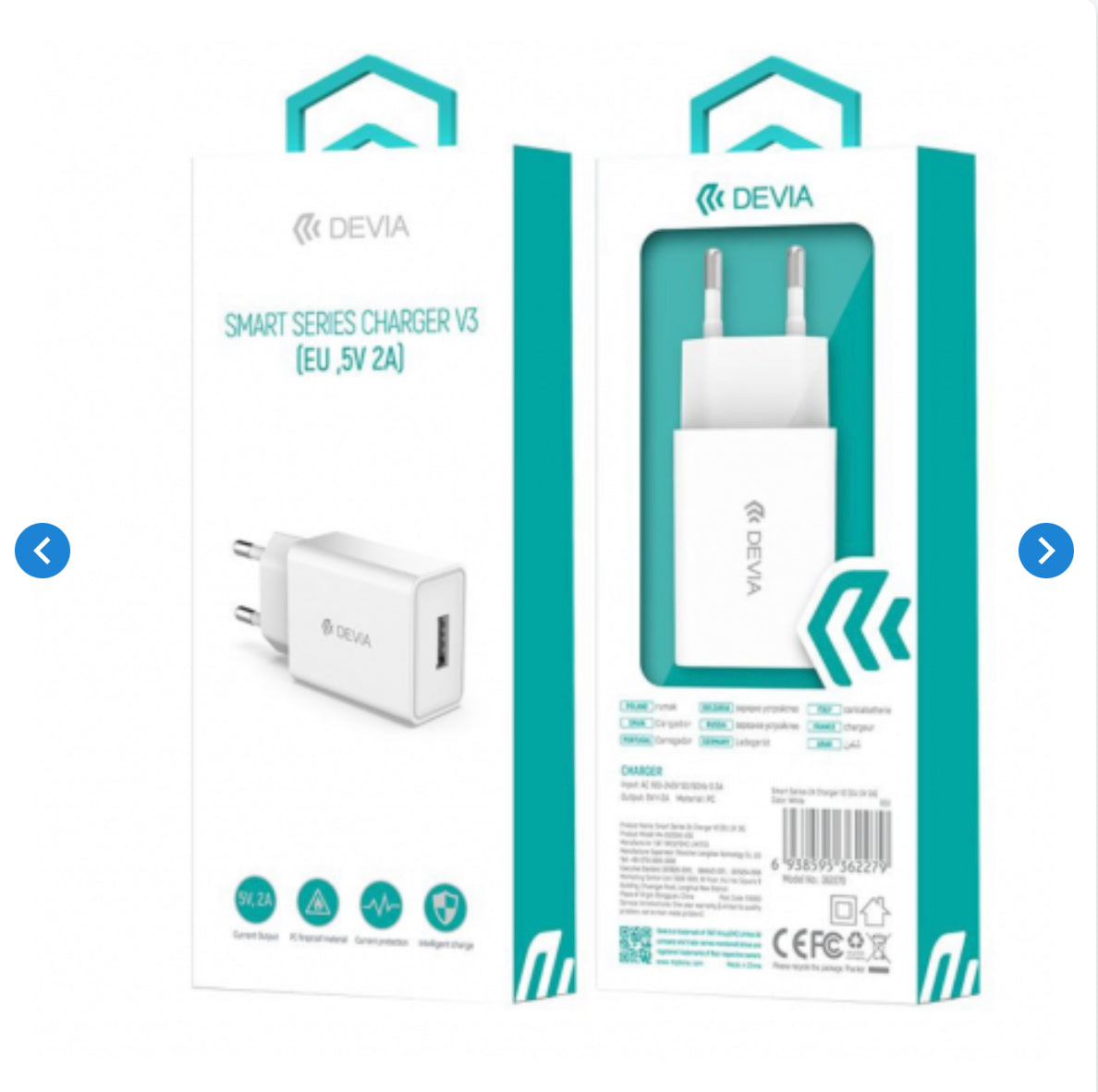 Chargeur V3 - Devia Smart Series - EU 10W 5V 2A 1USB - Blanc