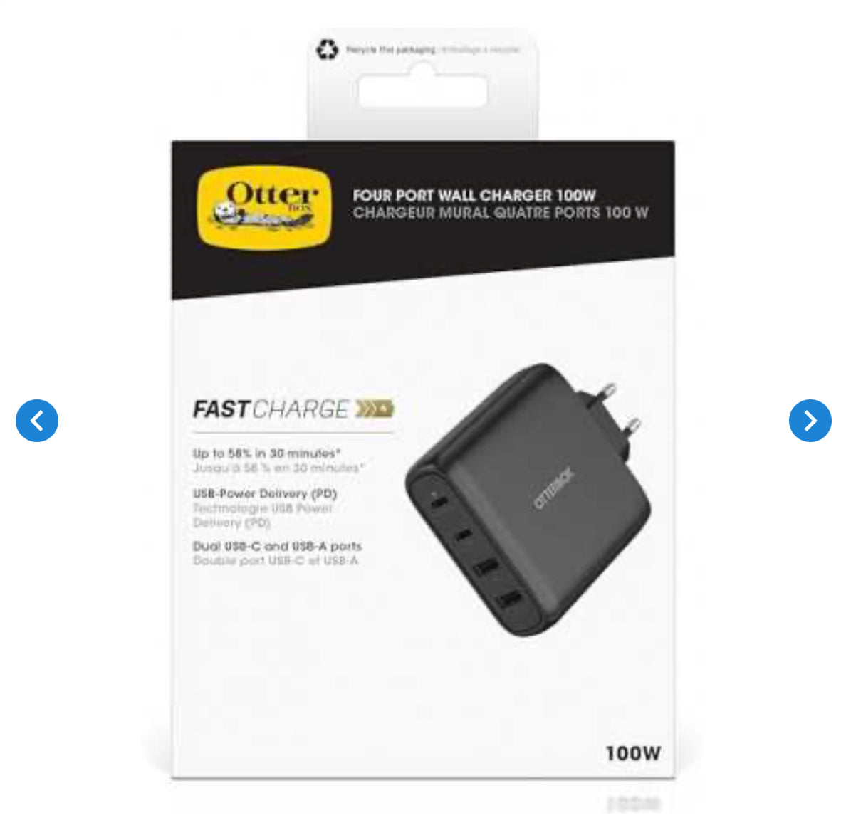 Adaptateur Secteur OtterBox Standard USB-C PD GaN Chargeur Mural 4 Ports 100W - Noir