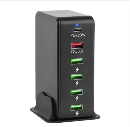 Chargeur Multiports USB 65W 6 Ports -1 Type USB-C - 1 Type QC 3.0 - 4 USB - Noir