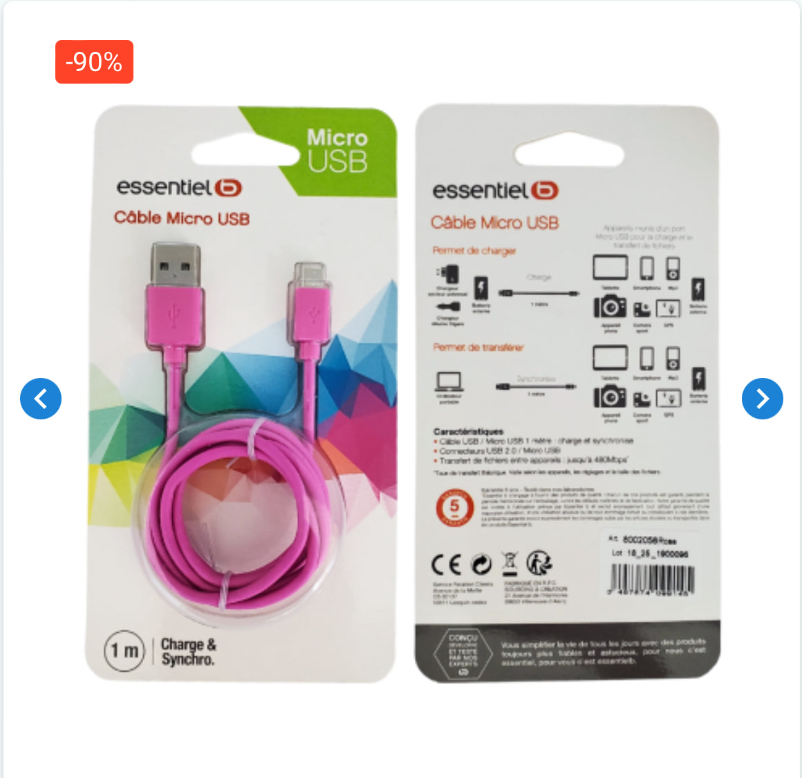 Câble USB / Micro ESSENTIELB 1M Rose