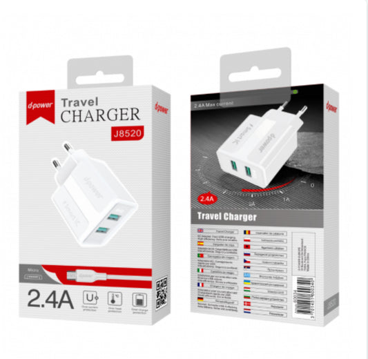 Kit Chargeur de Voyage 2USB / Micro - D-power J8520 - Blanc