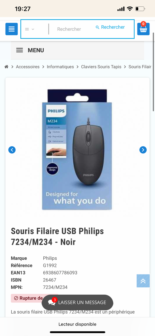 Souris Filaire USB Philips 7234/M234 - Noir