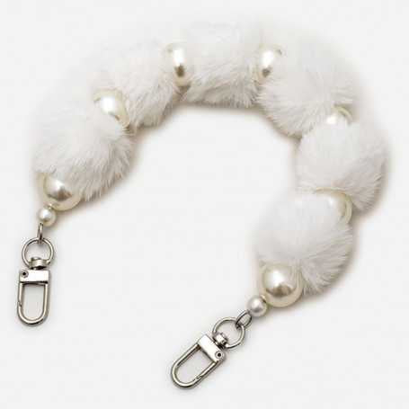 Collier de Coque de Téléphone avec Pompon Blanc, Fermoir Argenté - 30 CM.